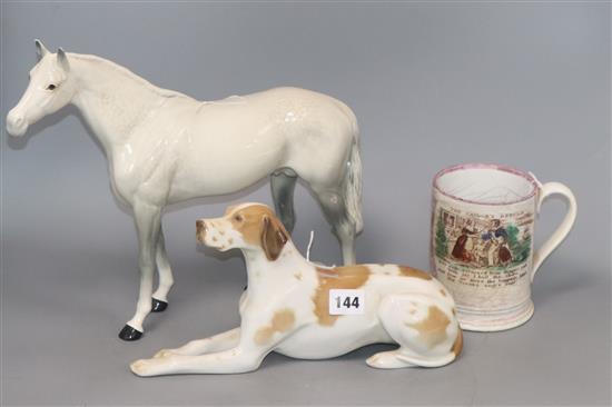 A Beswick large grey racehorse, a Lomonsov model of a pointer and a Sunderland lustre frog mug tallest 28cm